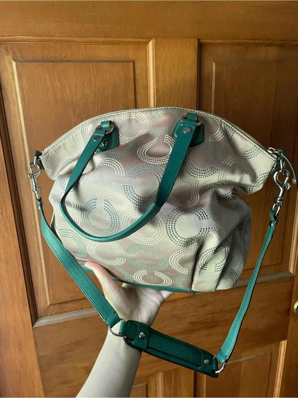 Coach Sabrina Signature C Print Sateen Fabric w/Green Leather Trim F25183